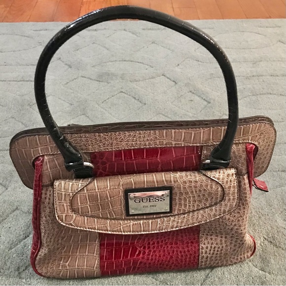 GUESS CALVINA Logo Croco Patent Leather Handbag Purse Satchel Taupe/Multi - Picture 4 of 16
